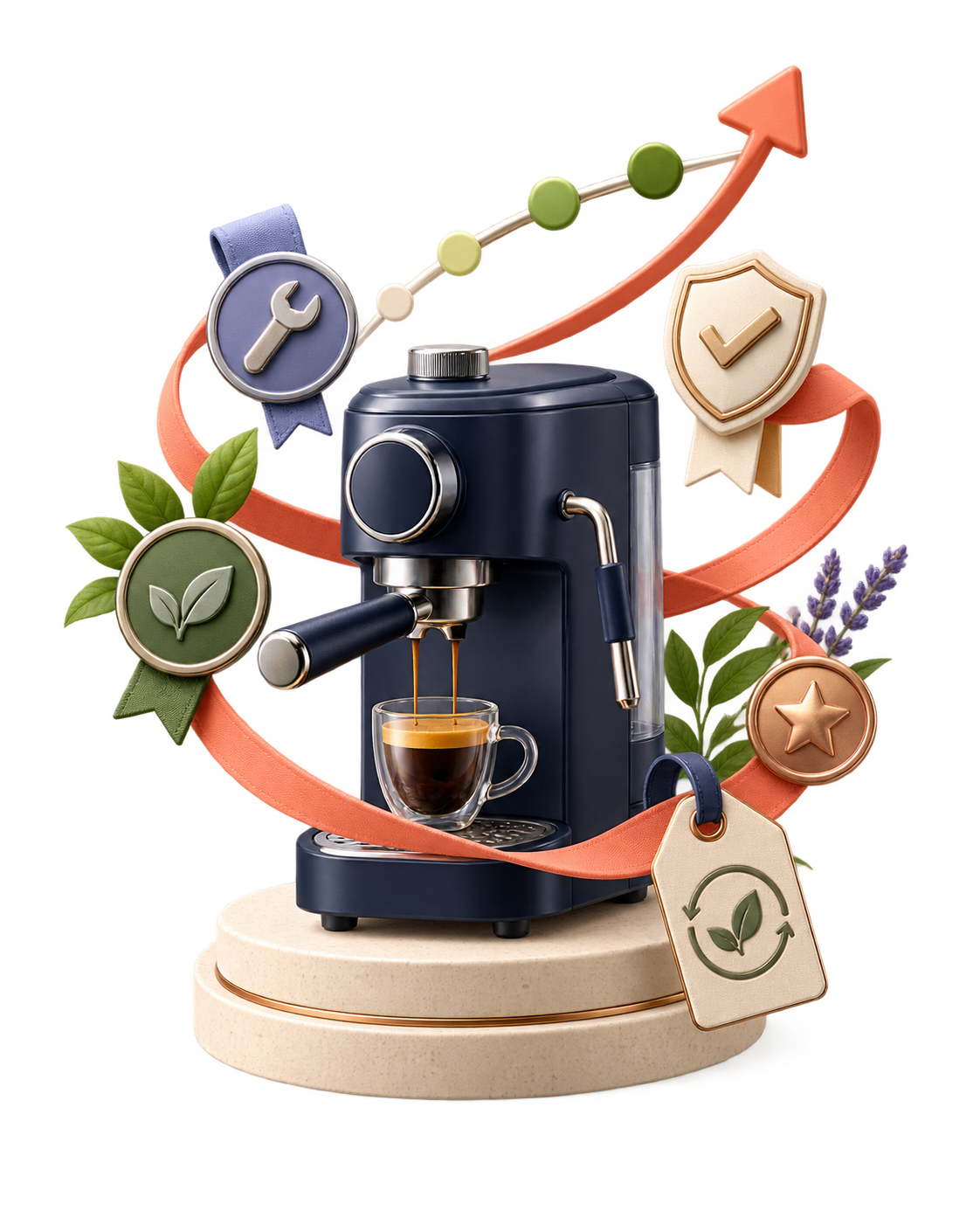 A cared-for espresso machine surrounded by repair badges, circularity achievements and resale rewards