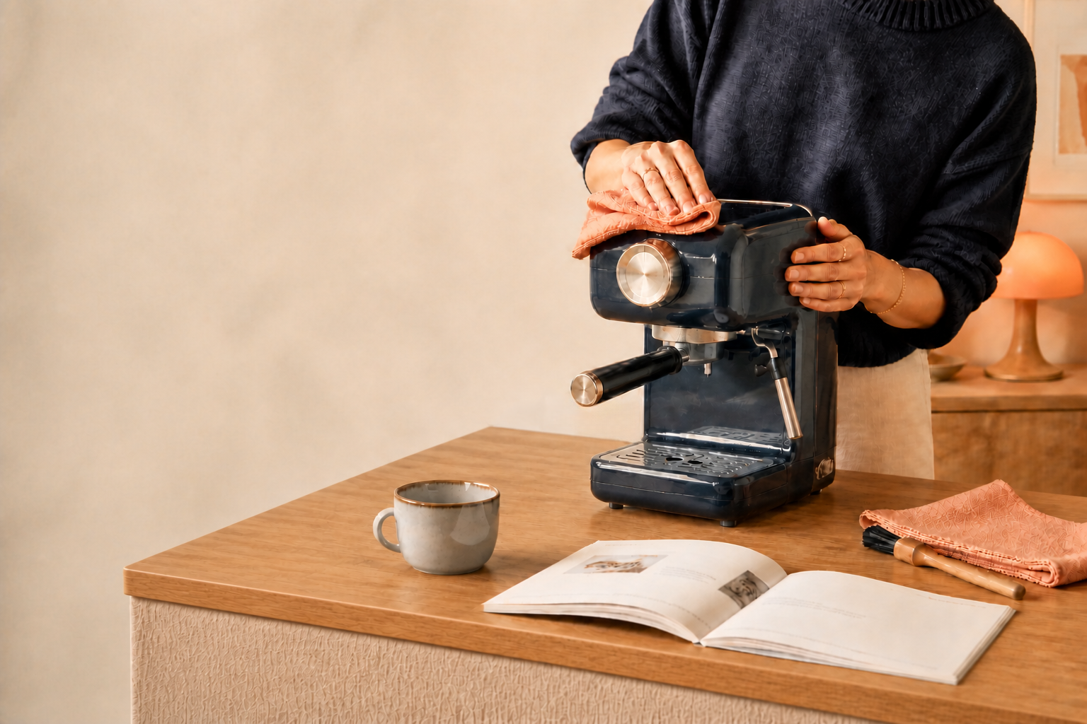 Person carefully cleaning an espresso machine at home
